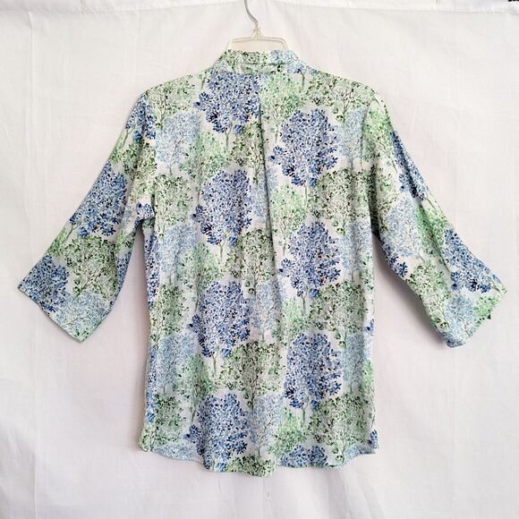 APNY Small 100% Linen Tunic Top Blouse Green Blue Botanical Roll-Tab Sleeve - Picture 4 of 9